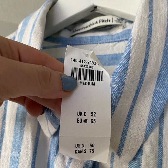 NWT Abercrombie Blue and White Striped Linen and Cotton Blend Button Down Size M - Picture 6 of 8